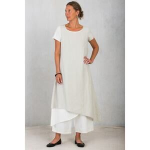 KEDZIOREK lagenlook tan & white layered linen short sleeve midi dress size 8
